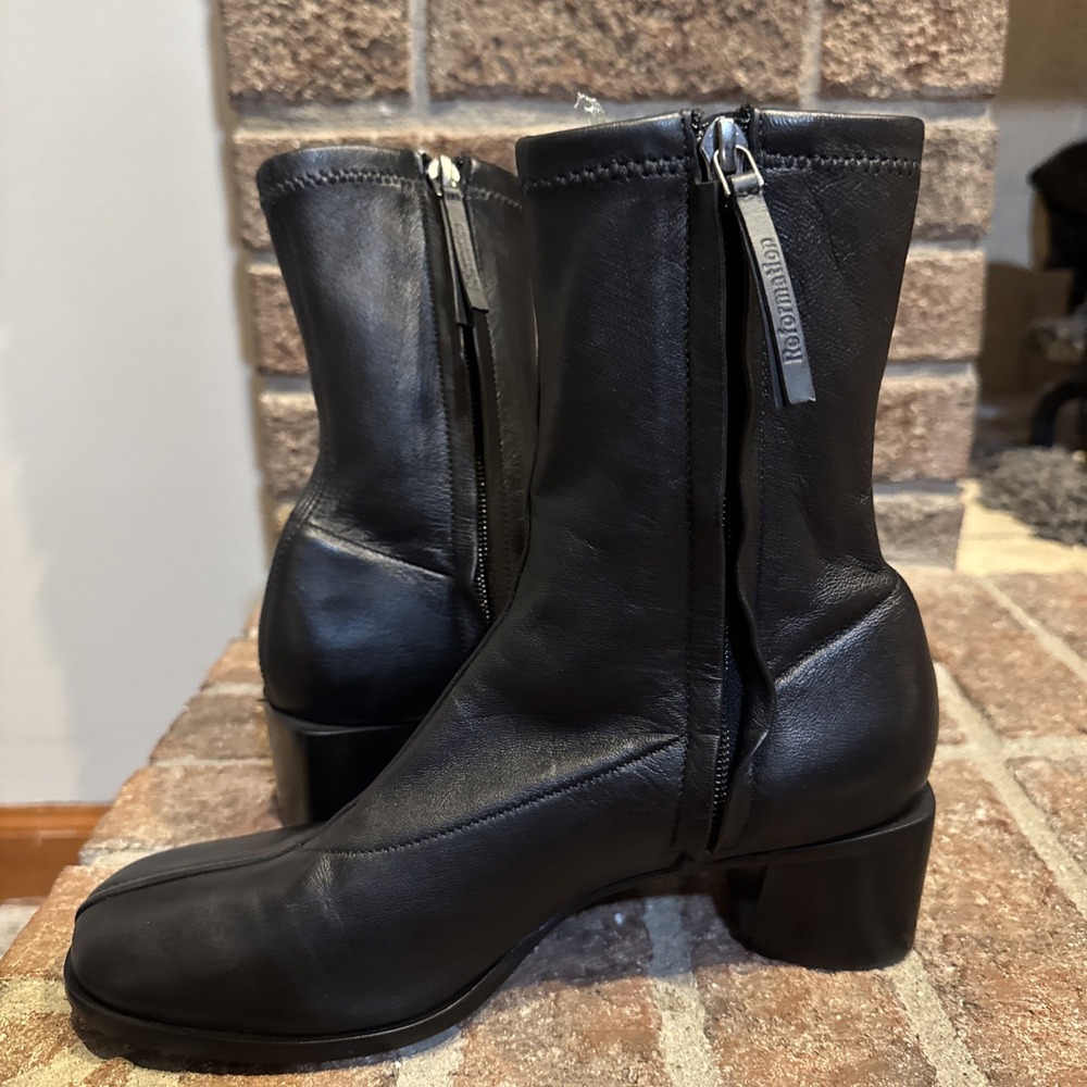 Reformation Louis Stretch Sock Bootie Leather Boots Block Heel Black Size 6.5 - Picture 10 of 16